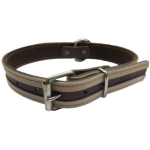 Correa para perros de piel con hebilla y detalles en color beige y marrón.