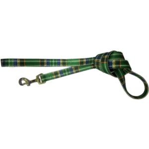 Arnés para mascotas de tartán verde, ideal para paseos y control seguro.