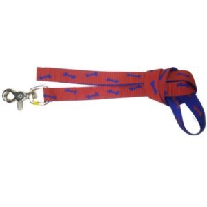 Correa para mascotas con diseño de huesos en rojo y azul, ajustable y resistente, ideal para perros.
