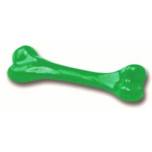 Juguete de goma en forma de hueso para perros, color verde brillante.