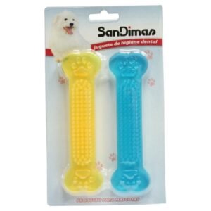 Pelota de higiene dental para mascotas en envase con dos colores.