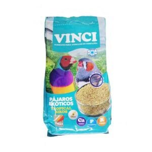 Alimento para aves exóticas y tropicales en bolsa con semillas y minerales.