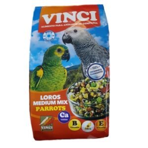 Alto texto: Comida para loros y aves parrot medium mix Vince.