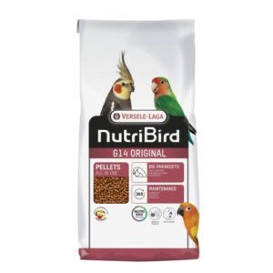 2. Alimento para aves en pellets con aves coloridas en la portada del paquete.