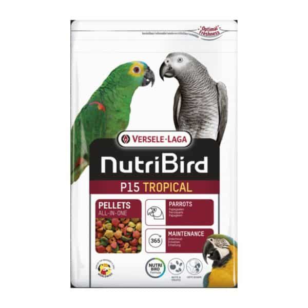 Alimento para aves Versele-Laga NutriBird P15 Tropical con pellets multicolor y fórmula nutritiva.