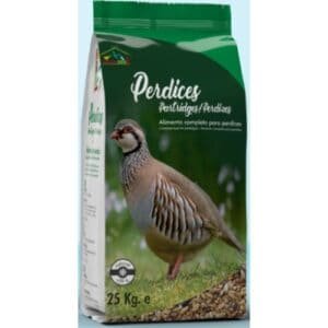 Grano para aves perdices, 25 kg, en envase verde con imagen de perdiz, alimento completo para perdices.