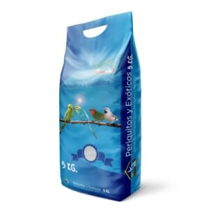 Periquitos y aves exóticas en bolsa de 5 kg para mascotas.