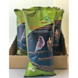 Alimento para aves canarios y pinzones sin avena, en paquete ecológico, alto valor nutritivo y atractivo para mascotas.