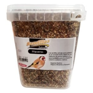 Semillas para pájaros salvajes en envase de plástico con tapa, ideal para aves silvestres y canarios.