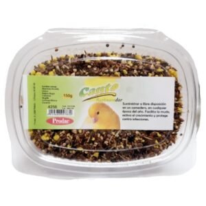 Semilla para aves en envase transparente y etiquetado, mezcla para alimentación de mascotas al aire libre.