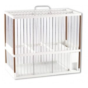 Gaiola para mascotas de doble nivel con barandillas blancas y madera, ideal para aves o pequeños animales.