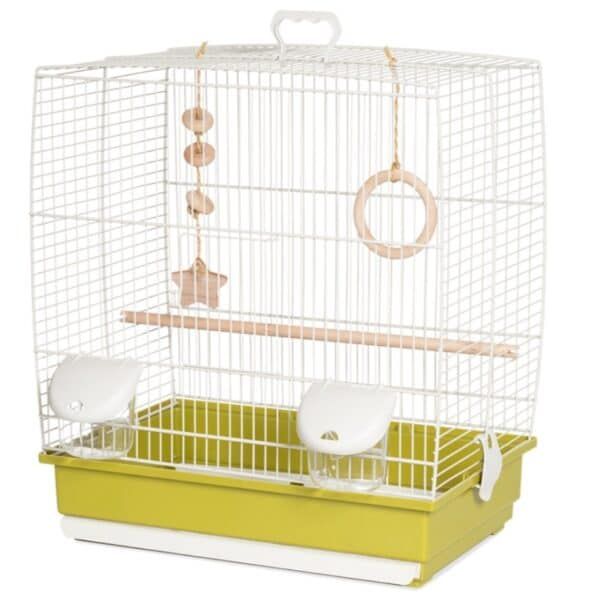 Jaula para ave con accesorios y comederos, ideal para mascotas pequeñas.