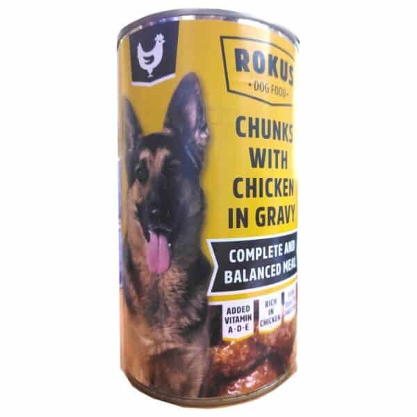 Rokús comida húmeda para perros con pollo en salsa, alimentación completa y equilibrada para mascotas.