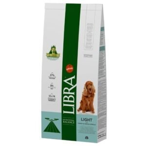 Alto texto: Comida para perros Light LIBRA, avena y cereales en paquete de 12 kg.