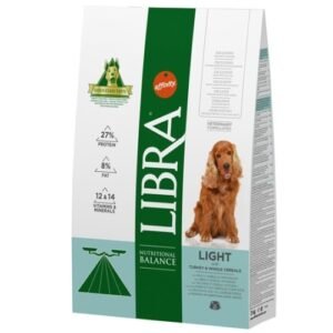 Alimento para perros LIBRA Light con pollo y cereales, 12kg, fuente de proteínas y vitaminas.