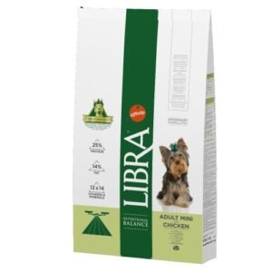 Alto text: Comida para perros Adult Mini Pollo - Marca Libra, 25% proteína, 14% grasa, para perros pequeños.