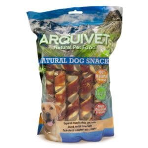 Arquitvet snack natural para perros con forma de espiral de pato luz y proteína alta.