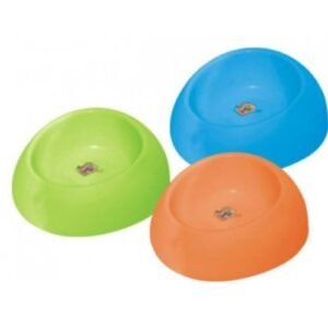 Vasos de comida para mascotas en colores azul, verde y naranja.