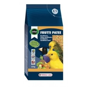 Alto texto: Comida para aves frutti Patee, 350g, mezclas nutritivas para loros, agapornis y canarios.