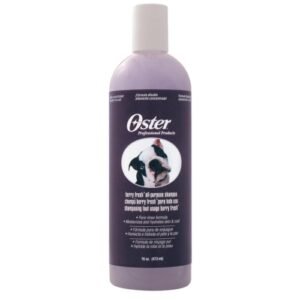Acondicionador para perros Oster con aroma fresco y formula hidratante para pelo y piel.