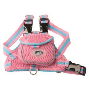 Arnés para perros rosa y azul con mochila y hebillas ajustables.