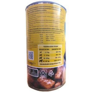 Alto: Lata de comida para perros con ingredientes nutritivos y guía de alimentación diaria.