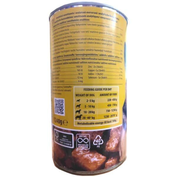 Alto: Lata de comida para perros con ingredientes nutritivos y guía de alimentación diaria.