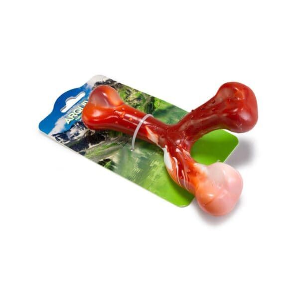 Colorido hueso de juguete para perros, ideal para morder y diversión en mascotas.