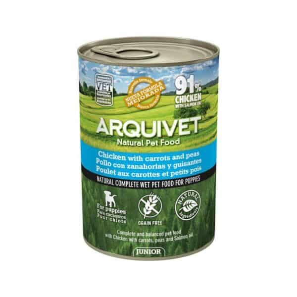 Arquitvet comida natural para mascotas con pollo, zanahorias y guisantes, 91% pollo con salmón.