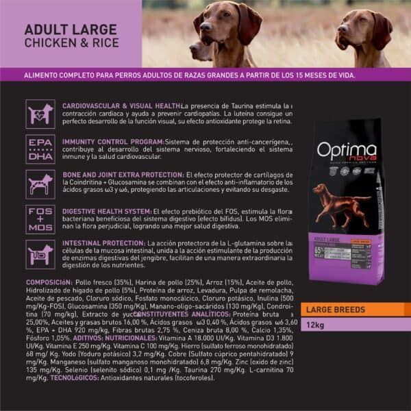 Alto en proteínas y nutrientes para perros raza grande, con pollo, arroz y aceites esenciales.