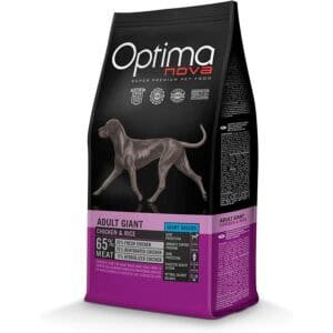 Optima Nova pienso para perros adultos de razas grandes con pollo y arroz, 65% de carne y ingredientes de alta calidad para la salud canina.