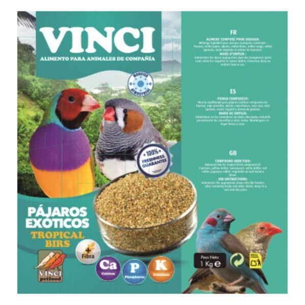 Atractivo de pájaros exóticos con semillas tropicales en envase de 1 kg para aves de compañía.