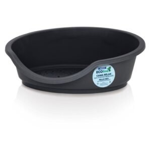 Cuba de lona negra para mascotas con orificios y base antideslizante.