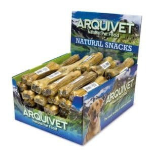 ArquiVet snacks naturales para perros en caja de muestra, suplementos alimenticios para mascotas saludables y nutritivos.