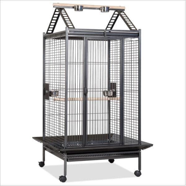 Jaula para mascotas con ruedas y puertas de seguridad, ideal para perros y gatos.