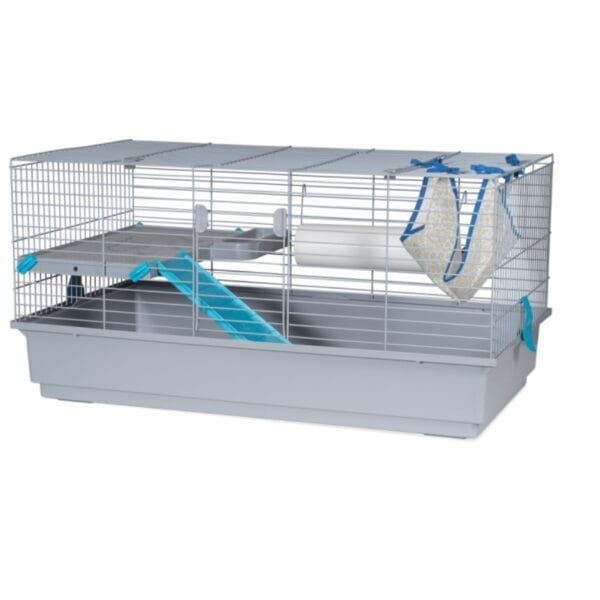 Jaula para conejos y roedores con accesorios y zona de descanso. Ideal para mascotas pequeñas.