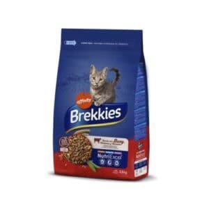 Alimento para gatos brekkies en paquete azul con gatito gris, 2.5 kg.