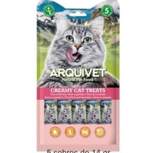Arquivet comida para gatos en sobres de 14 g, sabor atún y gambas, alimentación natural para felinos, paquete con 5 unidades.