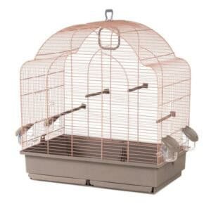 Jaula para aves con base plástica y estructura metálica rosa, ideal para parkour de mascotas y cría de animales en casa.