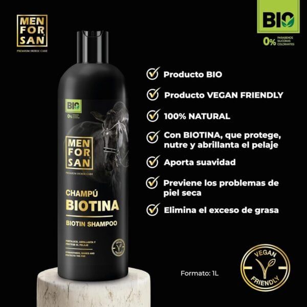 Champú bio de biotina para caballos, cuidado natural y vegano, 1L.
