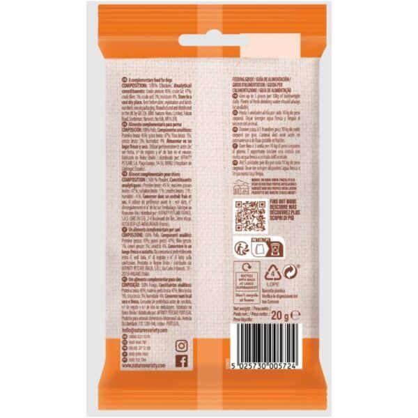 Alto texto: Comida para perros en pack de 20 g, alta calidad y sabor garantizado.