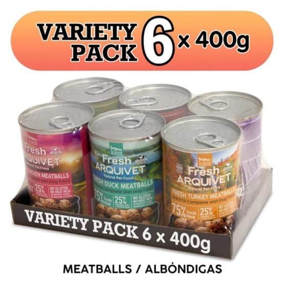 Variety pack de latas de comida para perros, 6 x 400g, diferentes sabores.