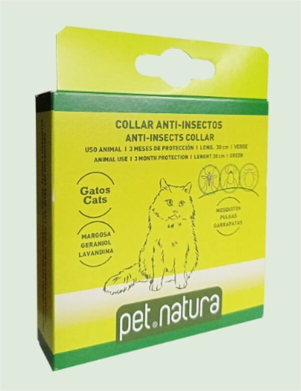 Alt: Correa antipulgas para gatos, protección de 3 meses, 30 cm, con ingredientes naturales.