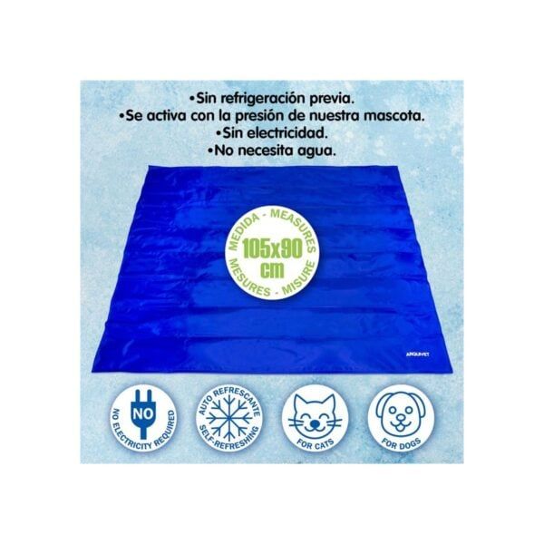 Alfombra refrigerante para mascotas sin electricidad, tamaño 105x90 cm, ideal para gatos y perros.