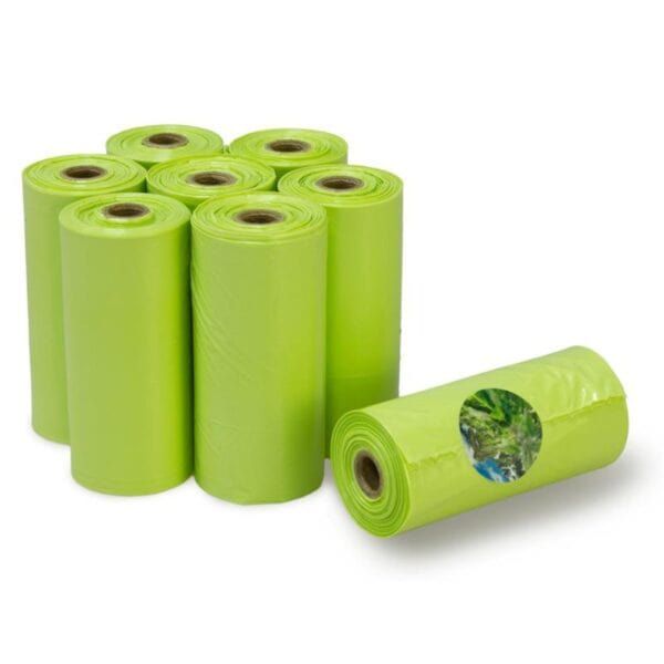 Rollos de basura ecológicos de color verde para exterior e interior.