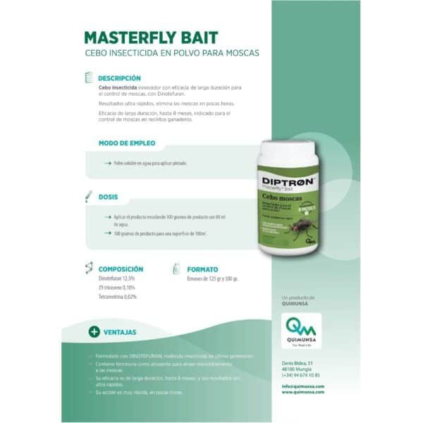 Cebo insecticida en polvo para control de moscas, eficaz y de larga duración.