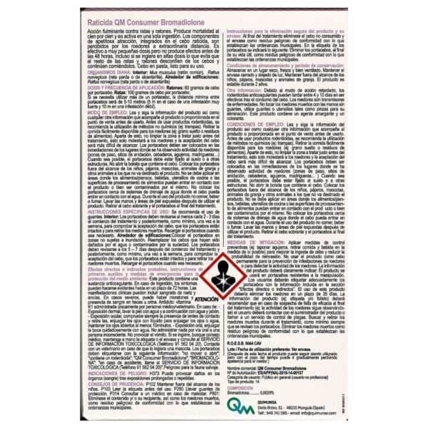 Raticida QM Consumer Bromadiolone, información sobre uso, dosis y advertencias. Precauciones para el manejo seguro y eliminación del rodenticida.