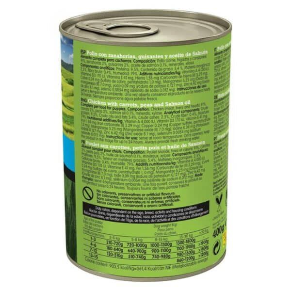 Pollo con zanahorias y salmón para perros cachorros, comida nutritiva en lata 400g.