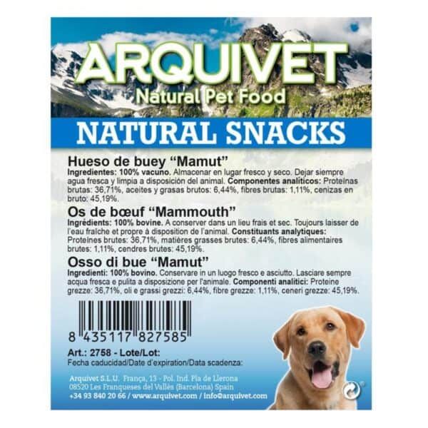Arquet Natural Snacks para mascotas, hueso de buey y os de bovino, ingredientes 100% naturales y carne fresca, ideal para perros.