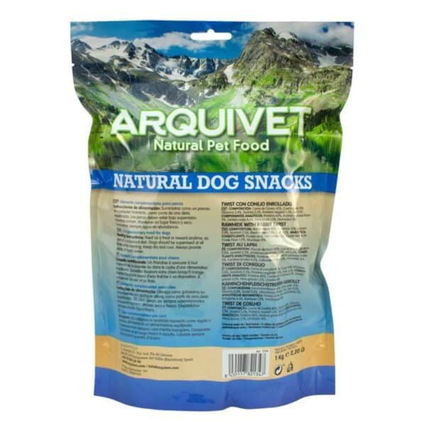 Alt text: Bolsa de snacks naturales para perros Arquivet con ingredientes de montaña.